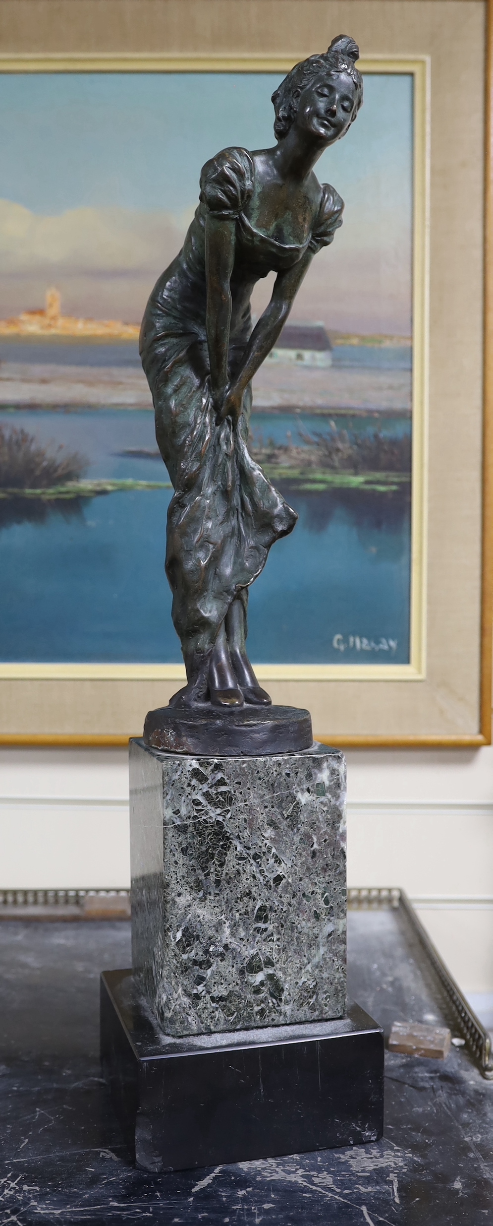 After Evgeny Aleksandrovich Lansere (Russian, 1848-1886). A bronze of a lady on stepped marble base, signature reads ‘E. Nahcepe’, 66cm